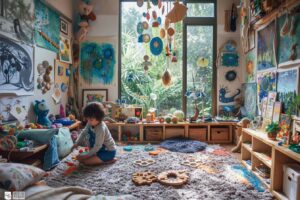 Chambre d'enfant colorée et créative décorée avec des matériaux recyclés pour stimuler l'imagination