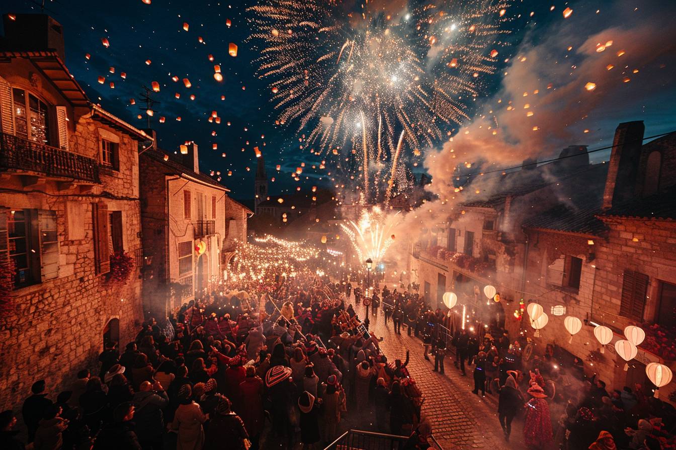 Public enjoué participant à un festival coloré pendant la fête à Troyes, éclairage féerique en arrière-plan